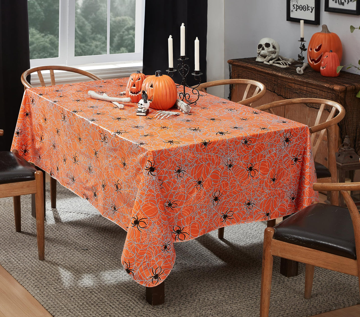 Newbridge Halloween Orange Scary Spiders Web 52 x 70 Inch Rectangle Vinyl Tablecloth with Flannel Backing