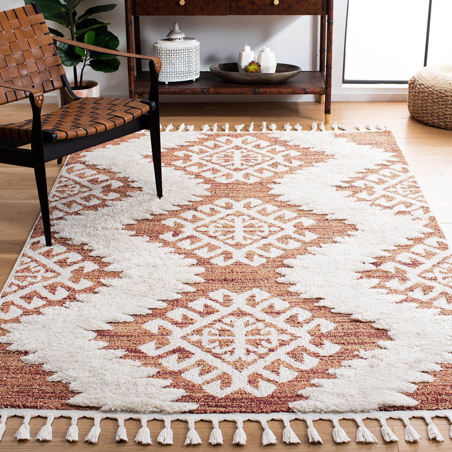 SAFAVIEH Moroccan Tassel Shag Collection Area Rug - 6'7" x 9'2", Orange & Ivory, Boho Design, Non-Shedding & Easy Care, 2-inch Thick Ideal for High Traffic Areas in Living Room, Bedroom (MTS652P)
