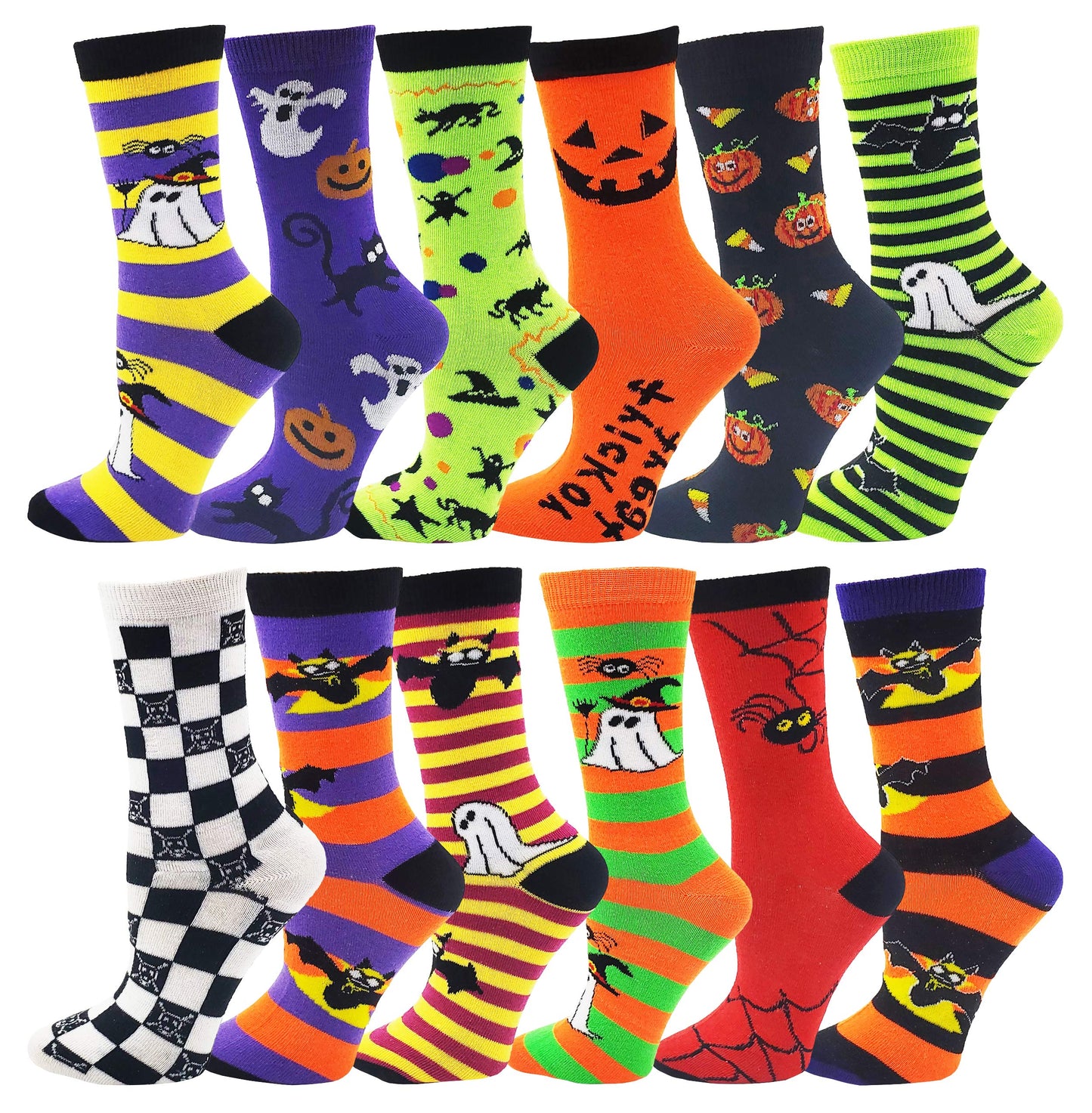 Halloween Socks for Women Girls, 12 Pairs Bats Pumpkins Ghosts Print, Colorful Pattern Novelty Cute