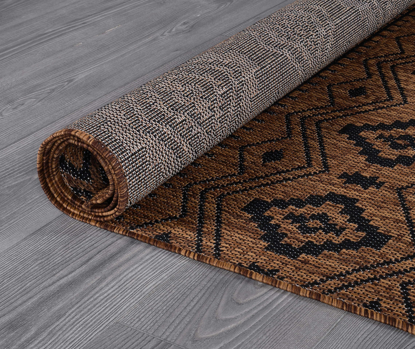 Beverly Rug Waikiki Boho Indoor Outdoor Rug 5x7, Washable Outside Carpet for Patio, Deck, Porch, Bohemian Area Rug, Farmhouse Rugs, Aztec Tribal Rug, Nut Brown and Black
