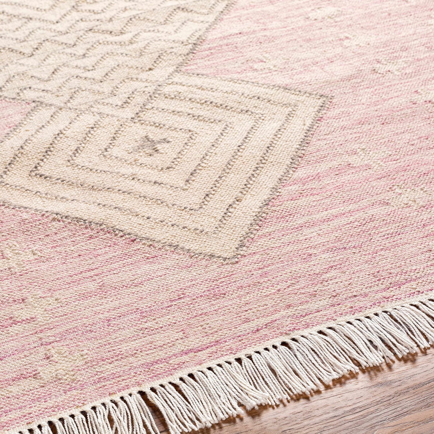 Hauteloom Sang Recycled Material Area Rug - Geometric Diamond Chevron Medallion Border - Bohemian Transitional Boho Tribal Moroccan - Dusty Pink, Dark Pink, Tan, Pink, Cream - 2' x 3'
