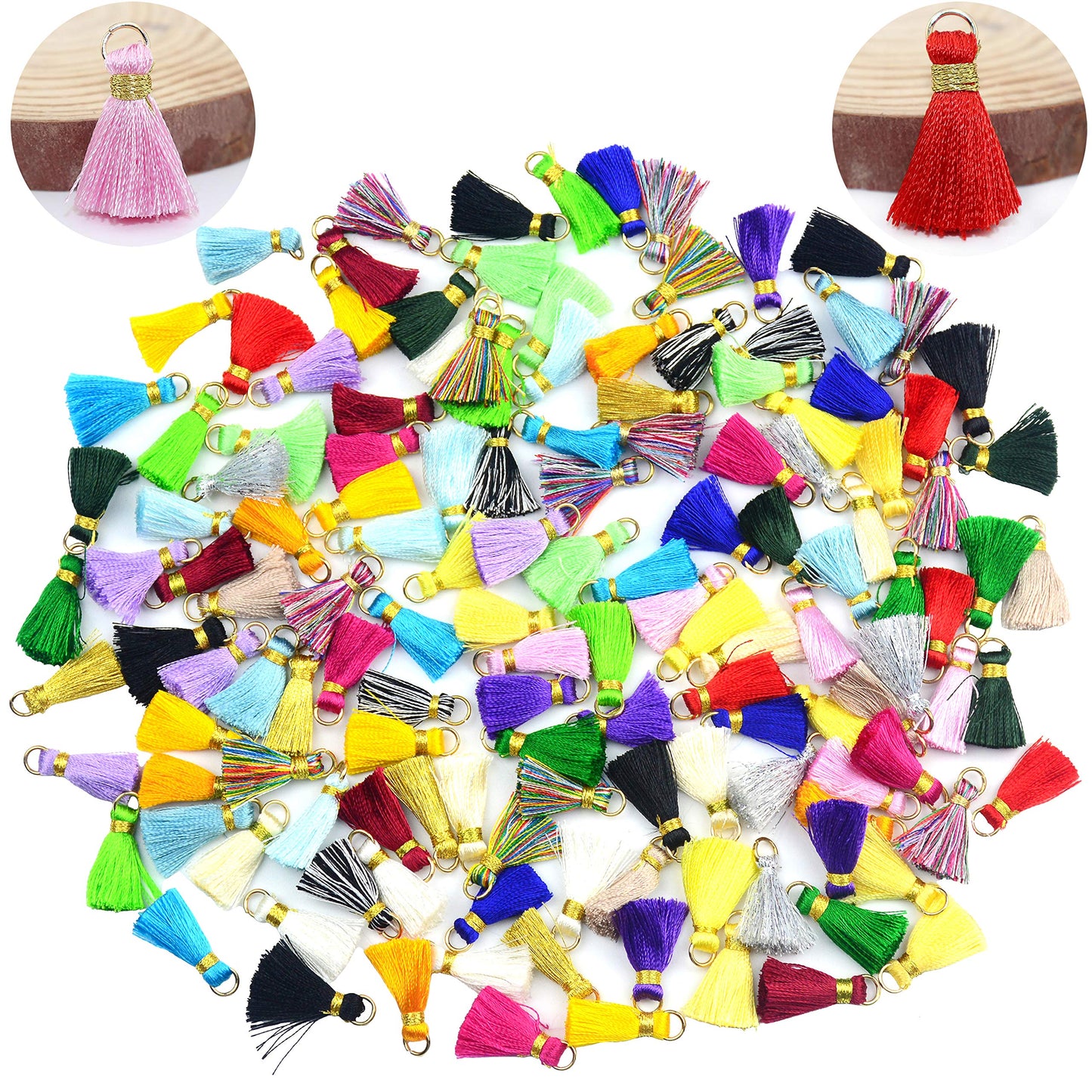 Aokbean 100 pcs Tassel Multi-Colors Mini Tiny Handmade Craft Tassels Charms with Golden Jump Ring for Earring Jewelry Necklace Making Accessories Other Arts DIY Supplies (Mixed)