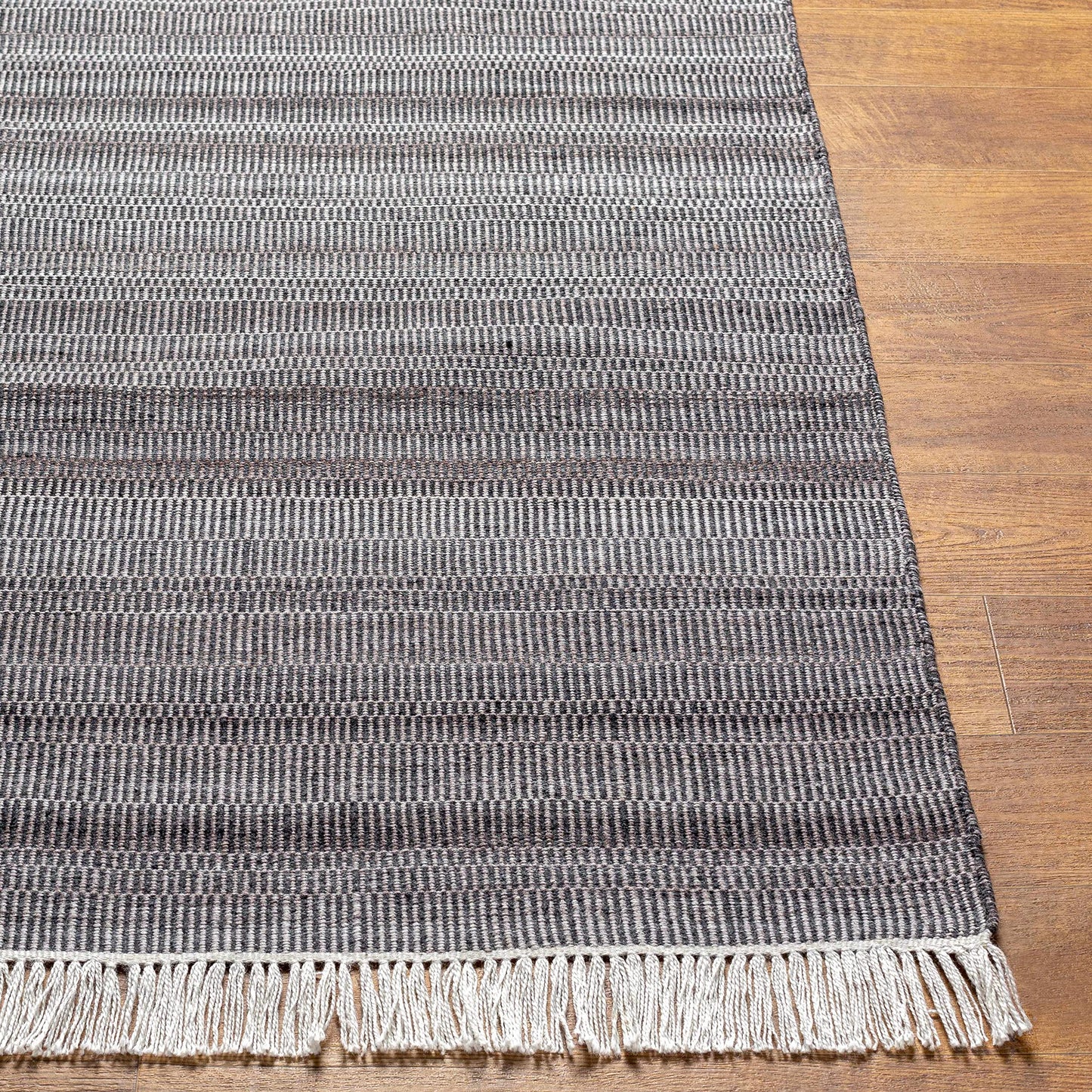 Hauteloom Samos Recycled Material Living Room, Bedroom Area Rug - Striped Plain - Contemporary Modern Minimalist Transitional - Charcoal, Off - White, Light Gray, Gray, Dark - 2' x 3'
