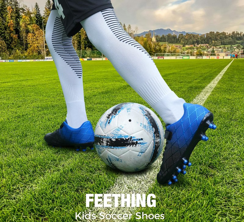 FEETHING Youth Soccer Cleats for Boys and Girls Firm Ground Football Shoes with Easy-On Hook & Loop Closure Lightweight & Breathable for Outdoor Field Play (Little Kid & Big Kid Sizes)