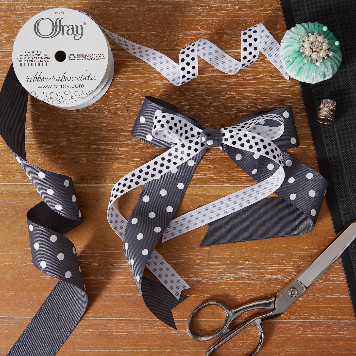 Offray 143252 5/8" Wide Grosgrain Craft and Decorative Ribbon, 9-Foot Spool, Black and White Polka Dots