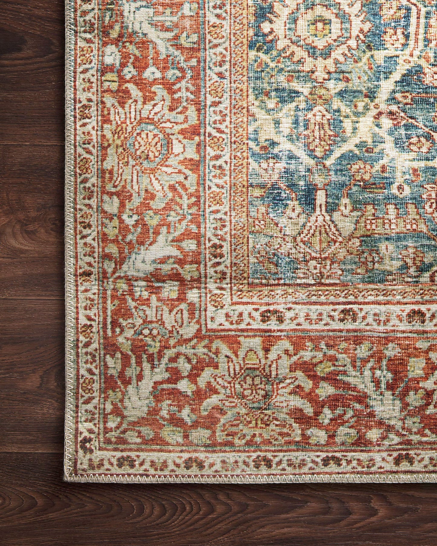 Loloi Layla Collection LAY-04 Ocean/Rust 9'-0" x 12'-0" .13" Thick Area Rug, Soft, Durable, Vintage Inspired, Distressed, Low Pile, Non-Shedding, Easy Clean, Printed, Living Room Rug