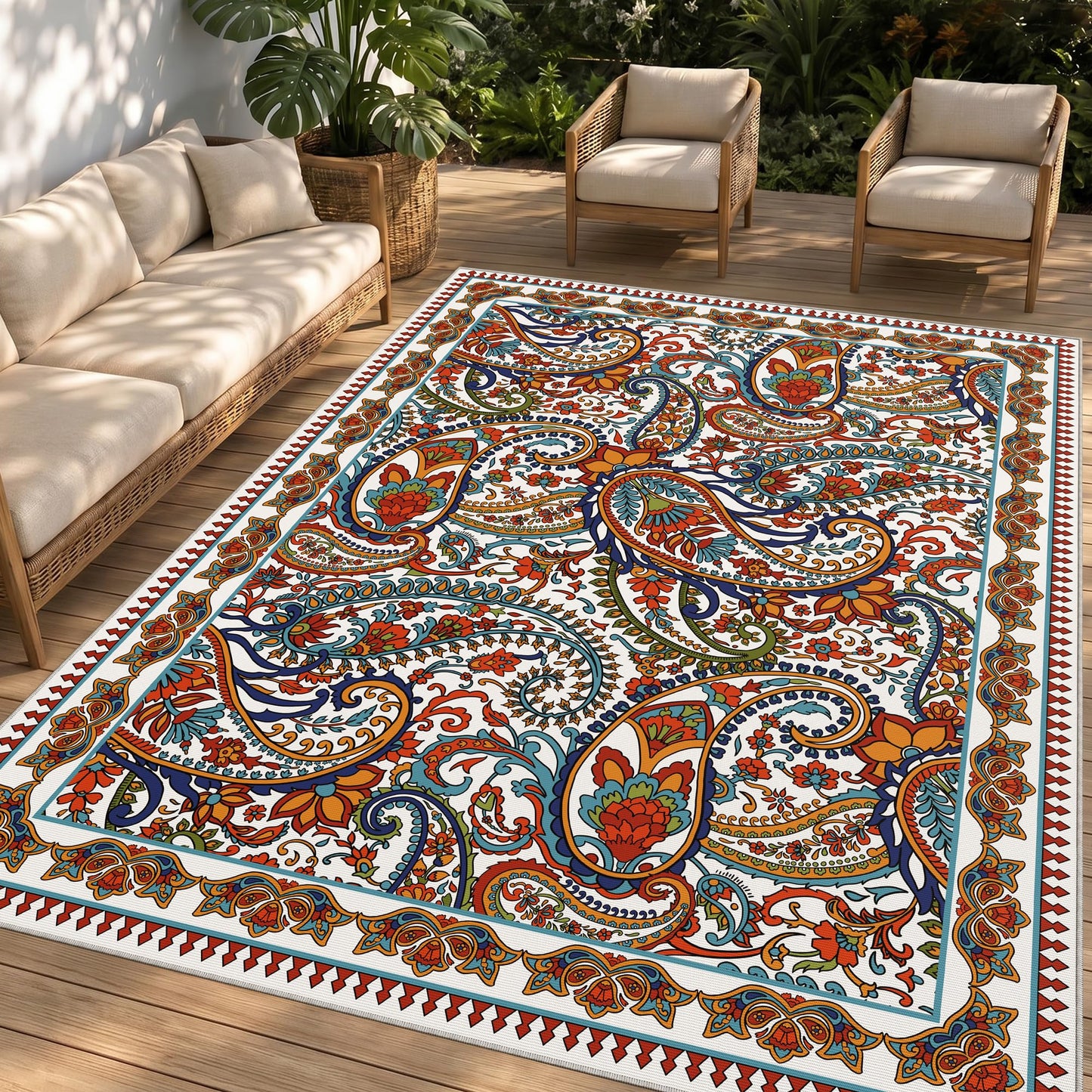 Arenarug Paisley Outdoor Rug Waterproof 5x8, UV Resistant Non Slip Patio Rug, Indoor Outdoor Boho Camping Rug Linen-Look RV Carpet for Deck Balcony Backyard, White Multi