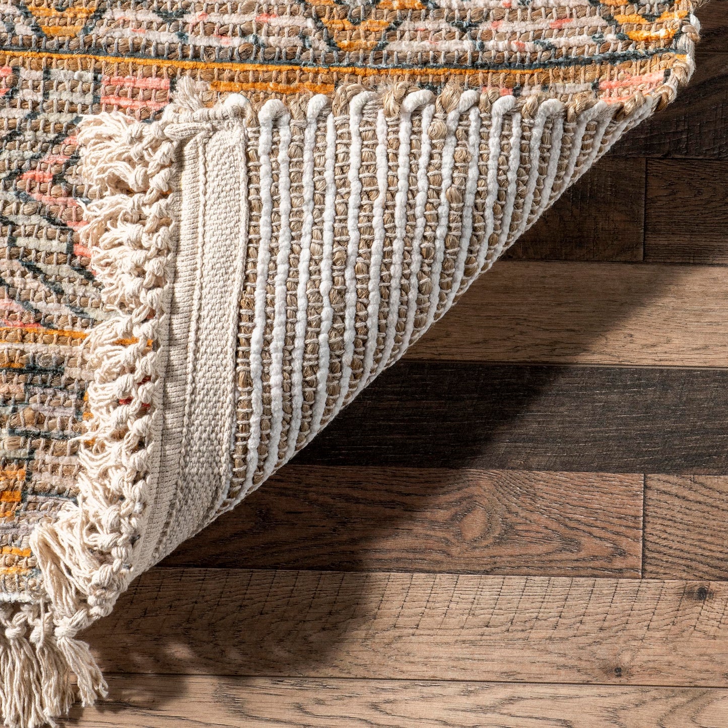 Nuloom Hermina Multicolor/Ivory, 6' Round, Handmade, Jute, Tribal, Tasseled, Soft and Textured, High Traffic, Stain Resistant, Easy Clean, Durable Runner for Bedroom, Living Room, Dining, Foyer