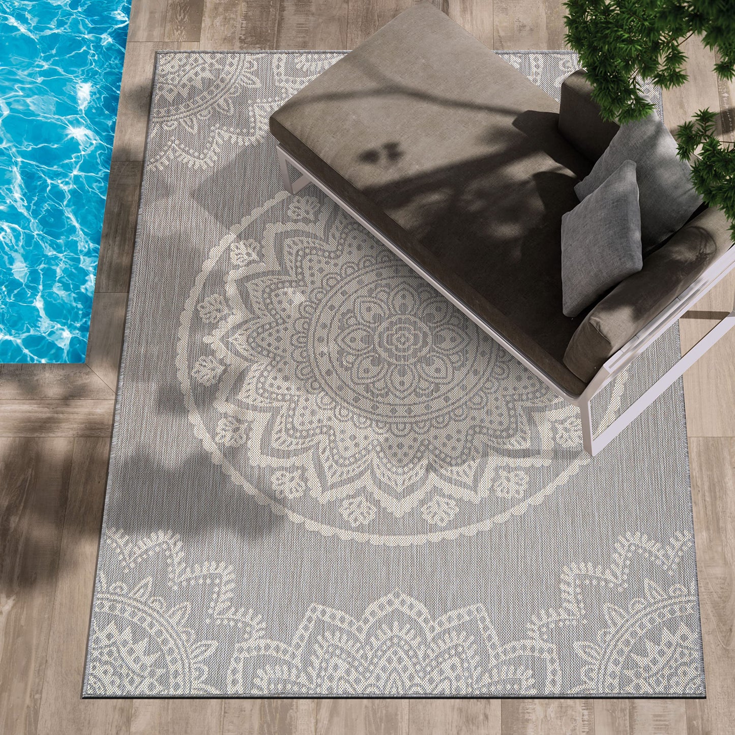 CAMILSON Outdoor Rug 5x7 Modern Area Rugs for Indoor and Outdoor Patios and Porches - Waterproof, Washable, Non-Shedding, Easy-to-Clean Outside Carpet (5 x 7, Medallion - Grey/White)