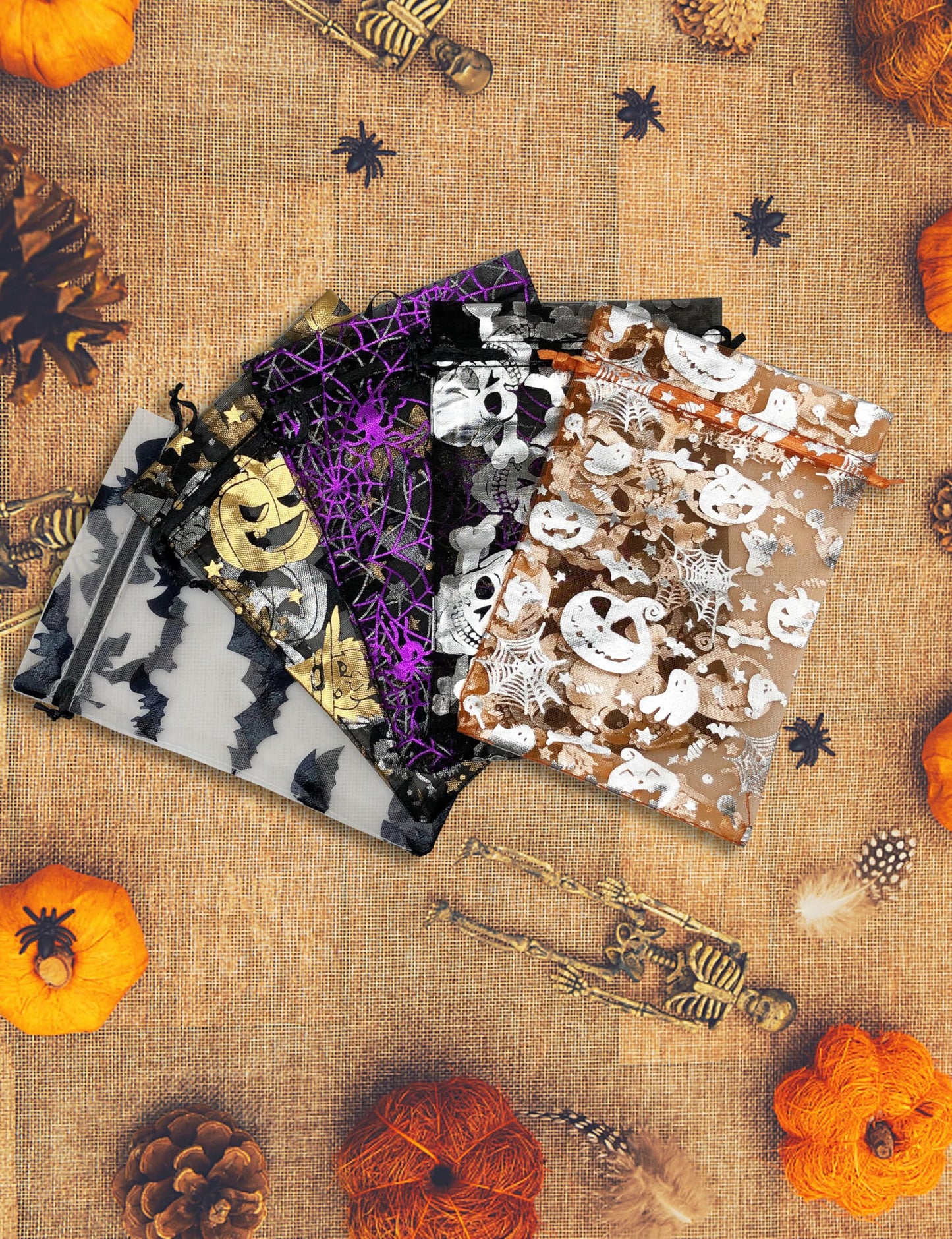 Jexila 100 Pack Halloween Organza Gift Bags with Drawstring 4''x6'' Small Halloween Goodie Candy Treat Bag for Kids Classroom Tick or Treat Party Favor