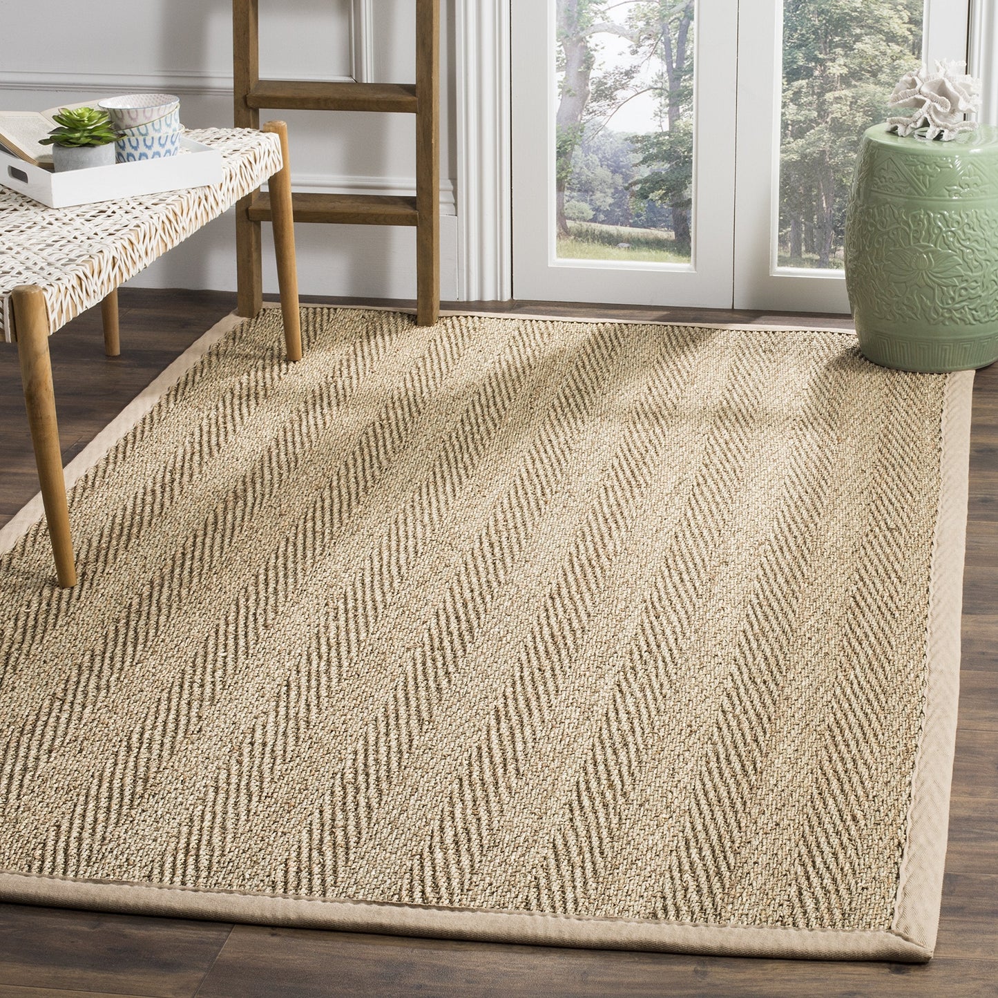 SAFAVIEH Area Rug 9x12 - Natural Fiber Collection - Large - Natural & Beige, Seagrass, Herringbone Pattern with Border (NF115A)