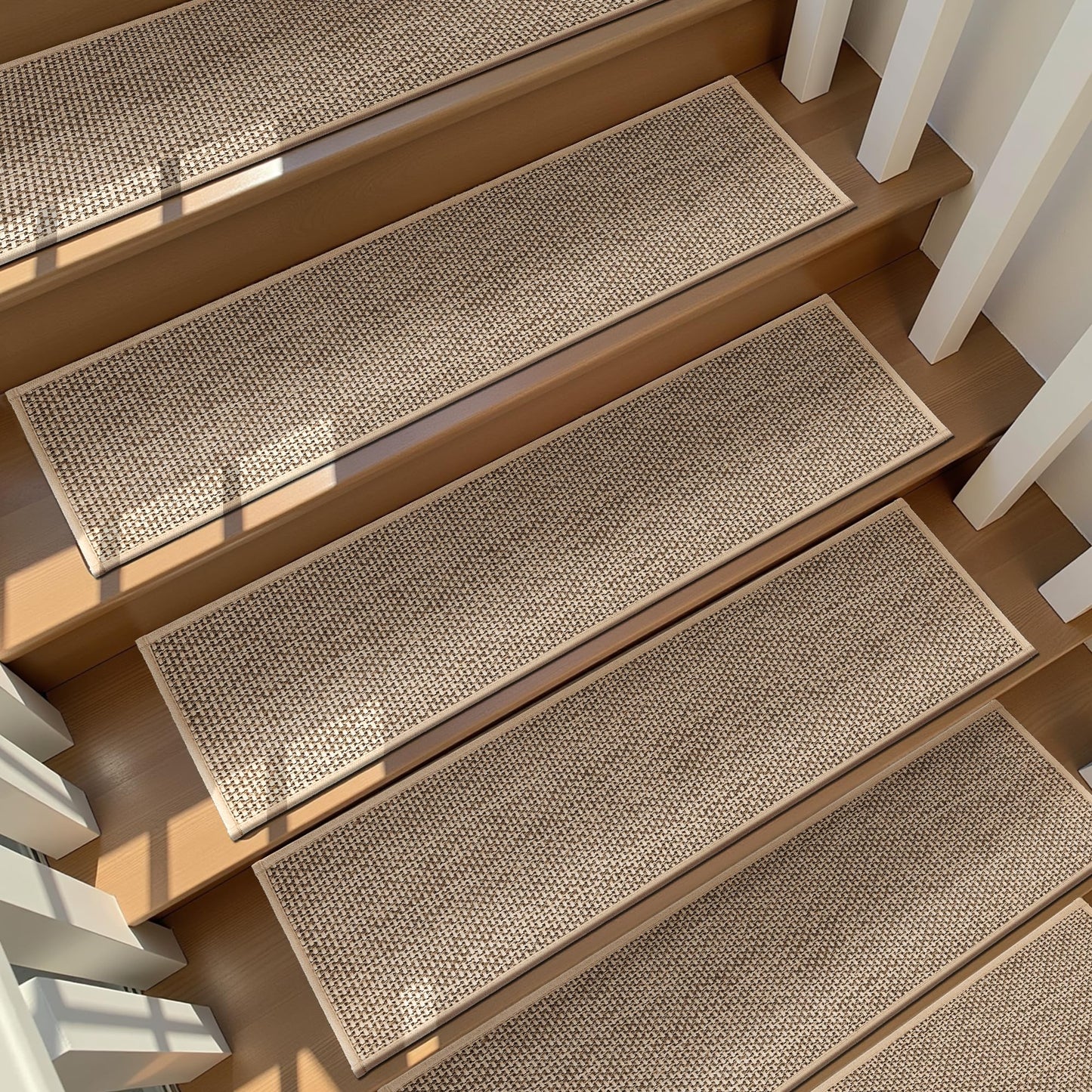 Deerly Linen Stair Treads Non Slip 15pcs Stair Runner for Wooden Steps Peel and Stick Carpet Treads Indoor Staircase Covers Mat with Self-Adhesive Backing for Pets and Kids 8"X30" Beige