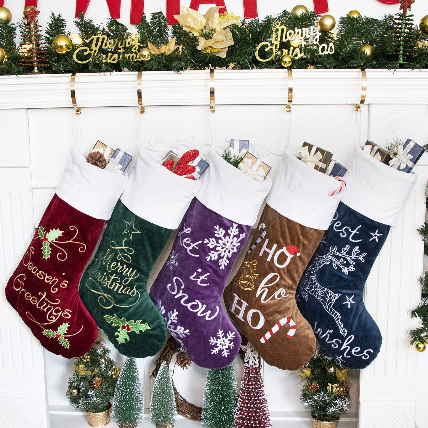 GEX Christmas Stockings 5 Pack for Family 22" Large Embroidered Classic Luxury Velvet Red Green Purple Blue Brown Decorations for Fireplace Xmas Season (Set of 5)