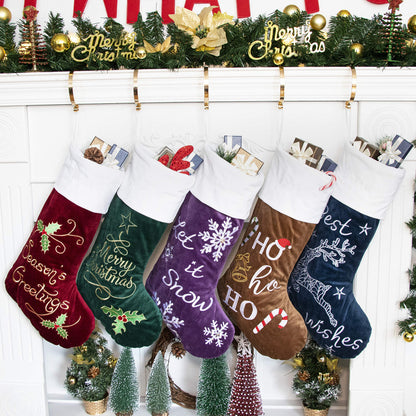 GEX Christmas Stockings 5 Pack for Family 22" Large Embroidered Classic Luxury Velvet Red Green Purple Blue Brown Decorations for Fireplace Xmas Season (Set of 5)