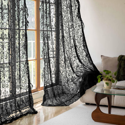 TUDECO Black Sheer Curtains 84 Inches Long - Shabby Chic Knitted Floral Lace Curtains Privacy Goth/Witchy Dark Window Curtains for Living Room Rod Pocket French Decor 1 Pair, 59 x 84 Inch