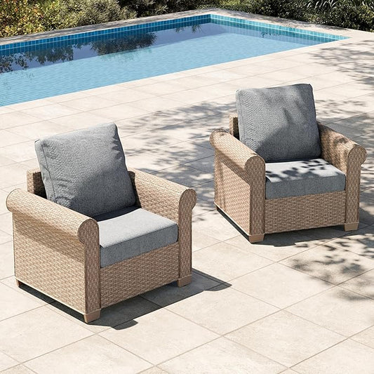 HERA'S HOUSE Patio Furniture Set, 2 Pieces Outdoor Wicker Chairs with Widened 5.9" Armrests and 5.5" Thick Waterproof Cushions, All Weather Conversation Set for Lawn Backyard Garden, Grey