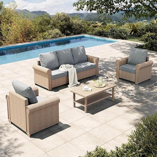 HERA'S HOUSE 4 Pieces Patio Furniture Set, All Weather 5 Seats Outdoor Wicker Sofa with 44" Coffee Table, 5.5" Thick Waterproof Cushion Conversation Couch Set for Garden Deck Backyard, Grey