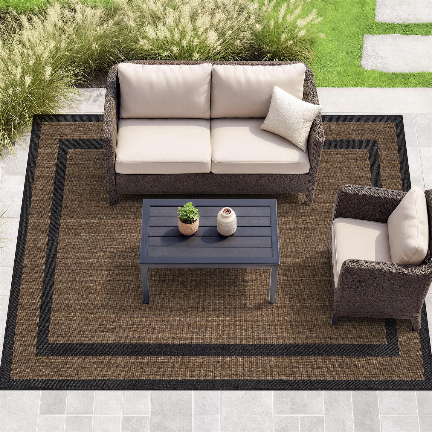 Rugshop Border Plain Indoor Outdoor Flat Woven Area Rug,Natural Jute-Style,Easy-Care Patio Rug for Backyard Porch Deck Balcony, 6'6" x 9' Dark Gray/Natural