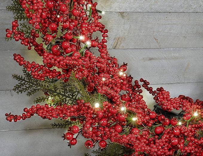 Red Co. 30” Light-Up Christmas Wreath with Red Cranberries, Battery-Operated LED Lights with Timer