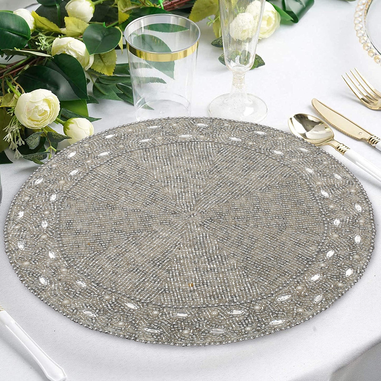 13" Round Beaded Placemat - Handcrafted Glass Beads in White Silver - Luxury Dining Table Decor, Wedding & Housewarming Gift, Holiday Use Pack of 1 by ALPHA Living HOME