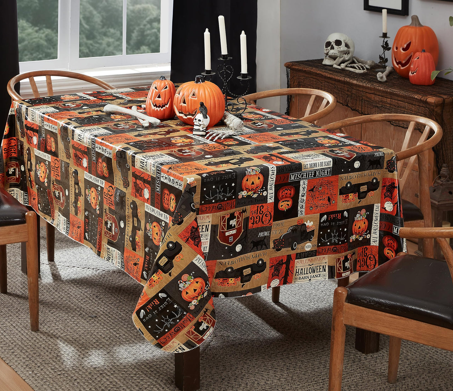 Newbridge Halloween Rustic Spooky Farm 60 x 84 Inch Rectangle Vinyl Tablecloth with Flannel Backing