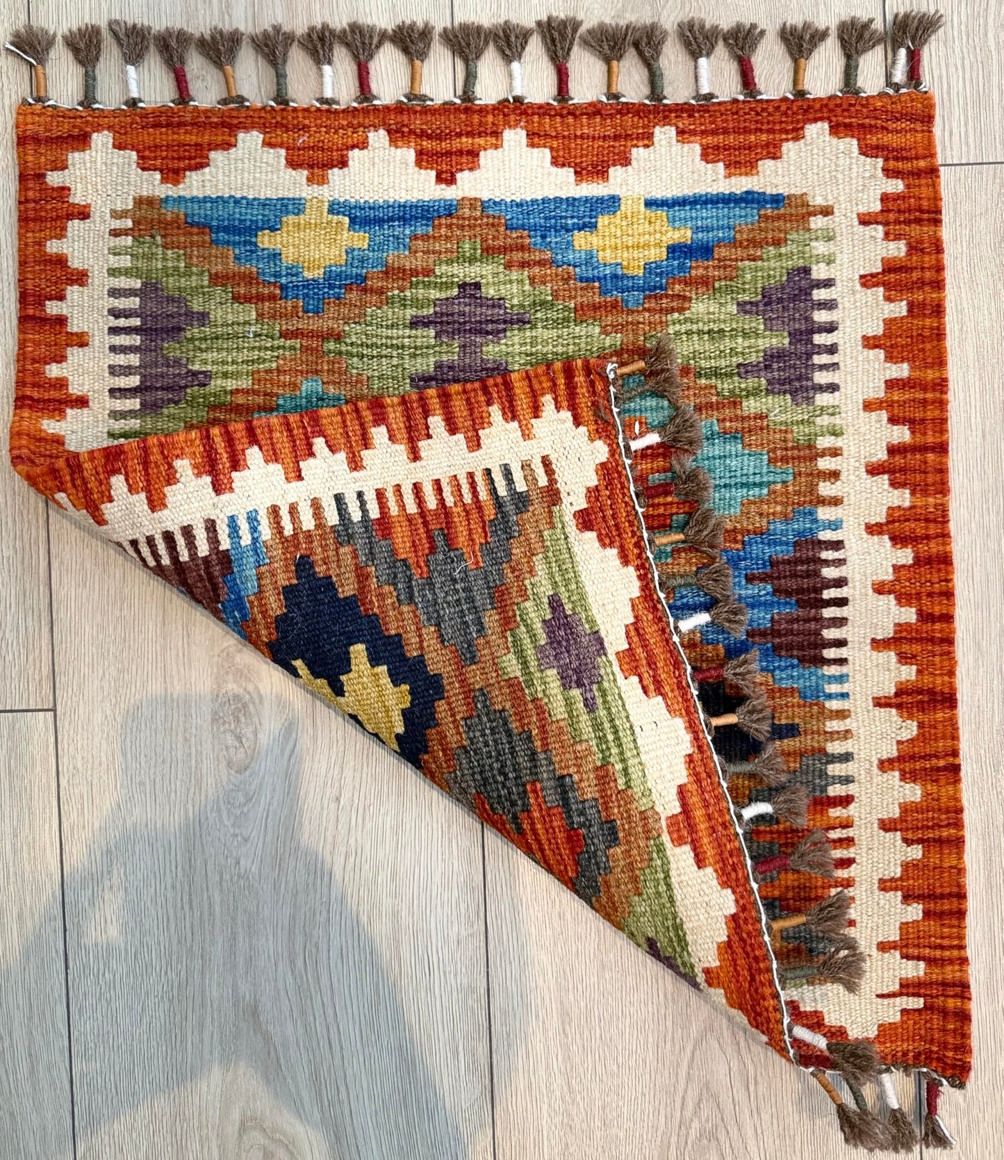 (Handmade Turkish Area Rug(YORUK Kilim) - 100% Wool - 20x22 in (1.5x2 ft) Small Accent Rug - Autumn Tones Geometric Diamond Design, Boho Decor for Side Table, Entryway, Wall Hanging)