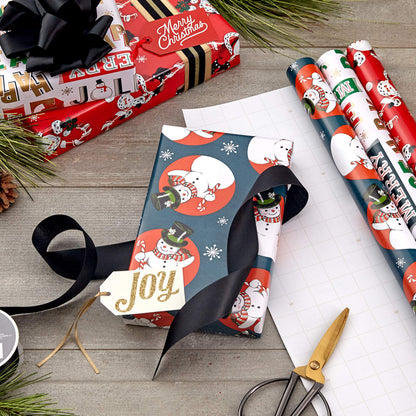 Hallmark Vintage Christmas Wrapping Paper Cut Lines on Reverse (3 Rolls: 120 sq. ft. ttl) Dancing Santas, Classic Snowman, "Merry, Jolly, Happy, Peace"