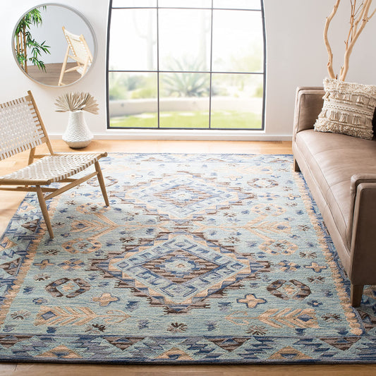 SAFAVIEH Aspen Collection Area Rug - 9' x 12', Blue & Beige, Handmade Boho Wool, Ideal for High Traffic Areas in Living Room, Bedroom (APN504A)