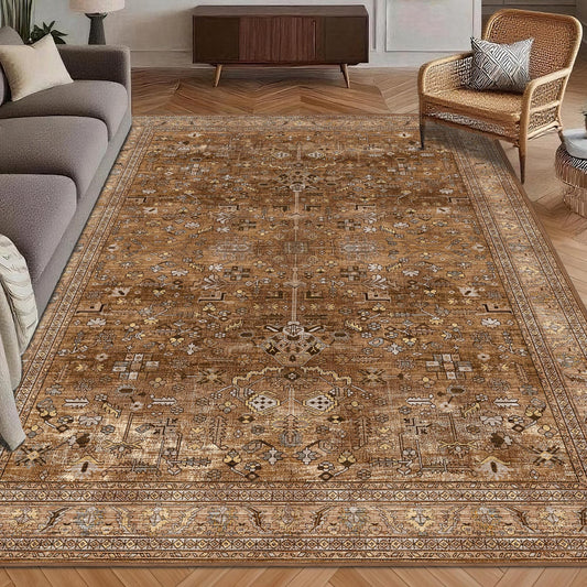 Washable Area Rug 5' x 7' Vintage Traditional Persian Mat - Foldable Distressed Non-Slip Machine Washable Carpet for Living Room Bedroom Kitchen Home Decor - Bronze and Ivory