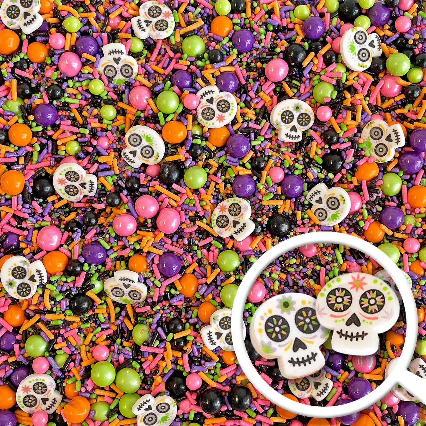 Sprinkle Pop Dia De Los Muertos Sprinkle Mix| Black Pink Purple Lime Orange Sprinkles| Halloween Sprinkles with ~6 Day of the Dead Sugar Skulls Made in USA for Decorating Cake Cookies Cupcakes, 2oz