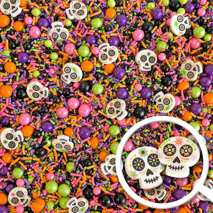 Sprinkle Pop Dia De Los Muertos Sprinkle Mix| Black Pink Purple Lime Orange Sprinkles| Halloween Sprinkles with ~6 Day of the Dead Sugar Skulls Made in USA for Decorating Cake Cookies Cupcakes, 2oz