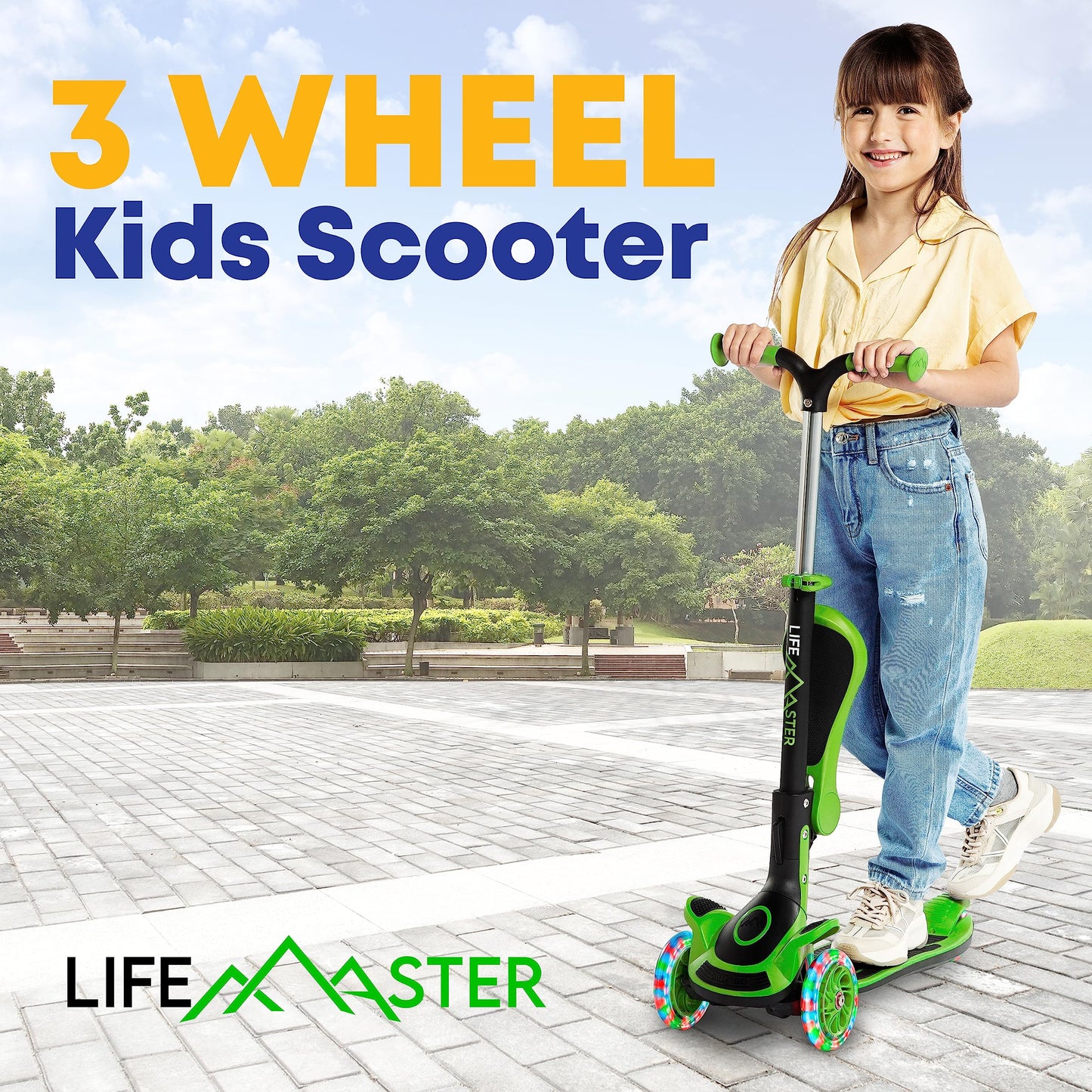 3 Wheel Scooter for Kids with Foldable Seat, Adjustable Handlebar Height, Lean-to-Steer Ride On Toy for Kids Ages 2+, Light-Up LED Wheels, Wide Anti Slip Deck, Indoor & Outdoor Use, Green