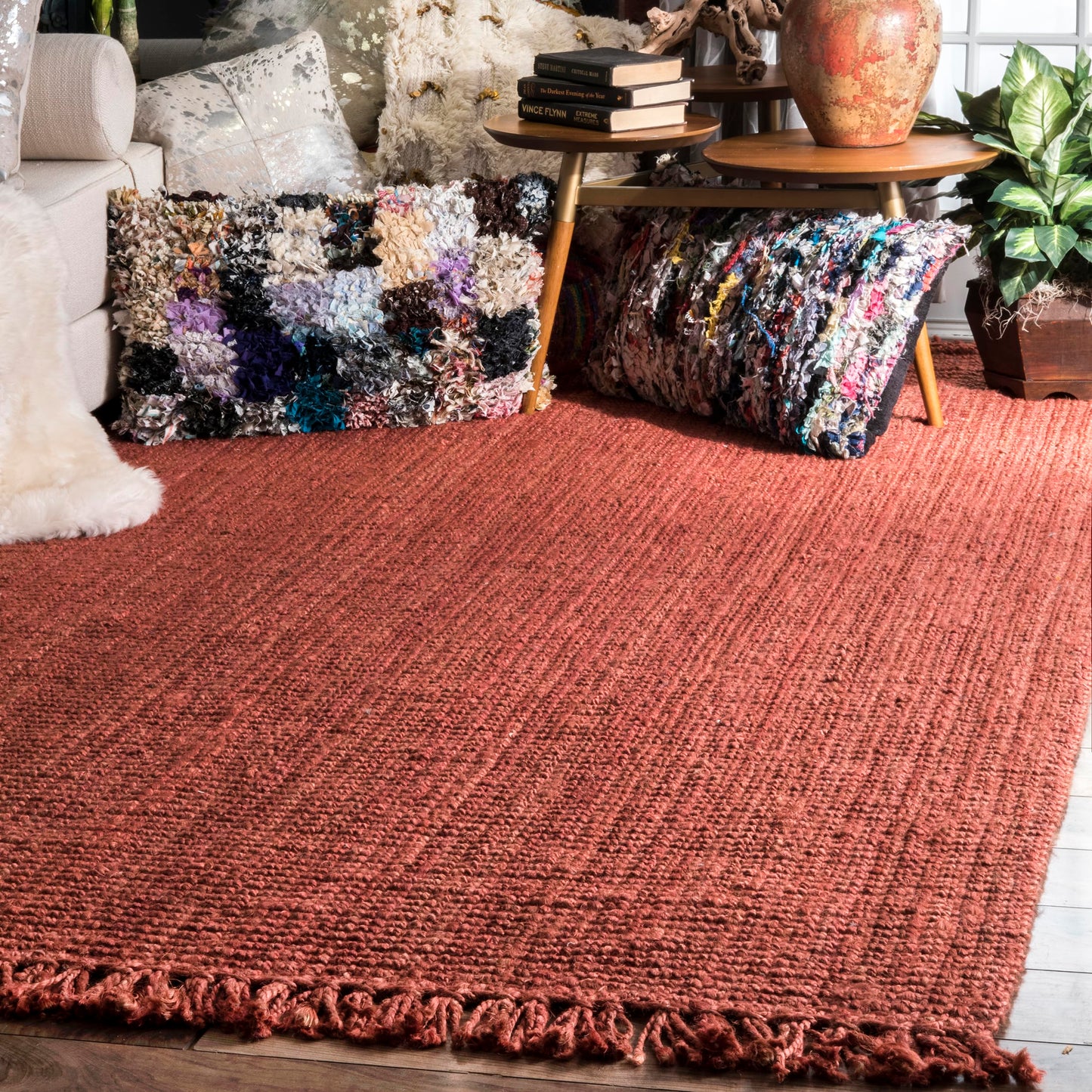 nuLOOM 5x8 Daniela Jute Tassel Hand Woven Area Rug, Brick, Solid Chunky Farmhouse Design, Natural Fiber, For Bedroom, Dining Room, Living Room, Hallway, Office, Entryway
