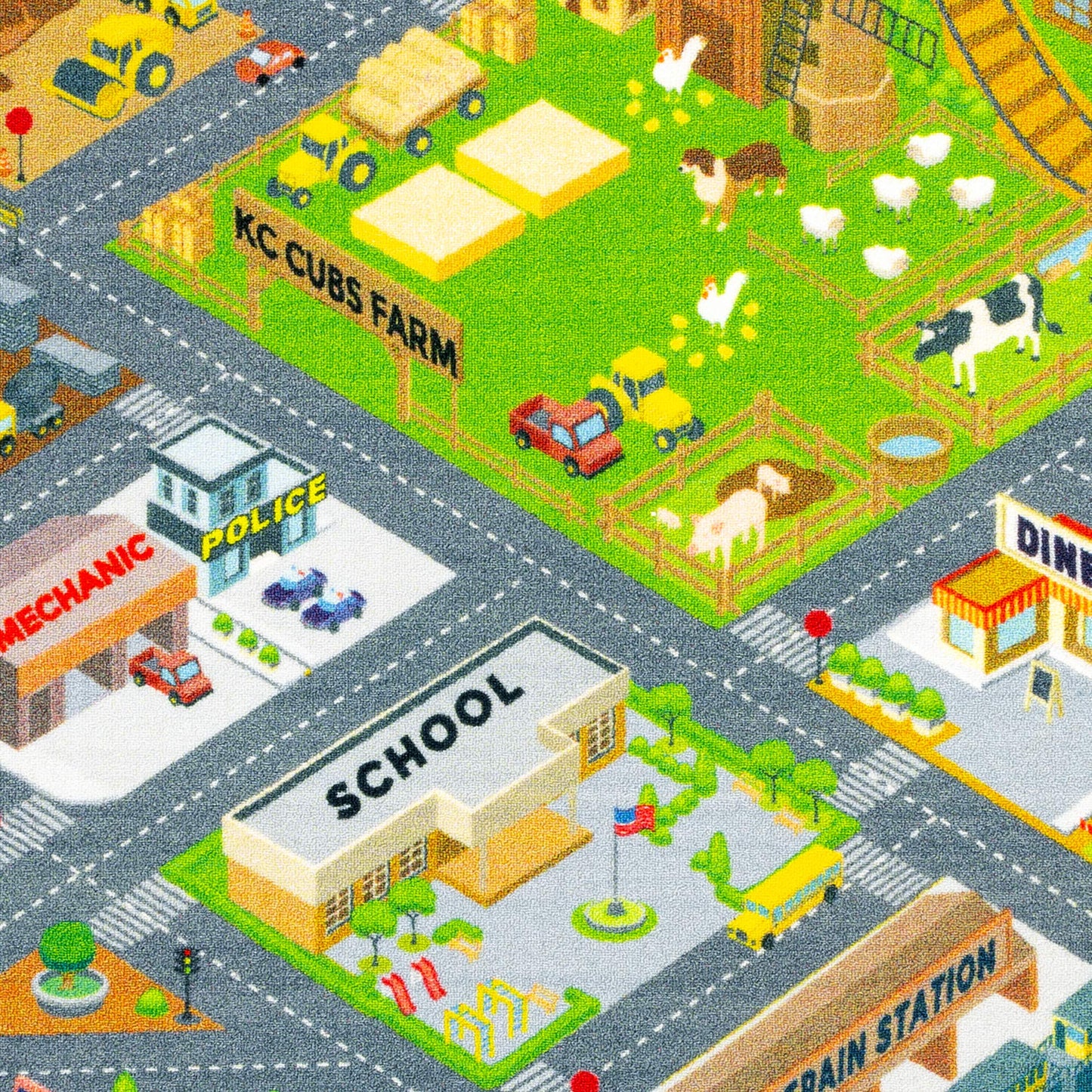 KC Cubs: Educational Rug: Country Farm Construction Road Map – 8x10' Playmat - Interactive Car Route, Area Carpet, Bedroom-Classroom, Baby-Toddler-Kid