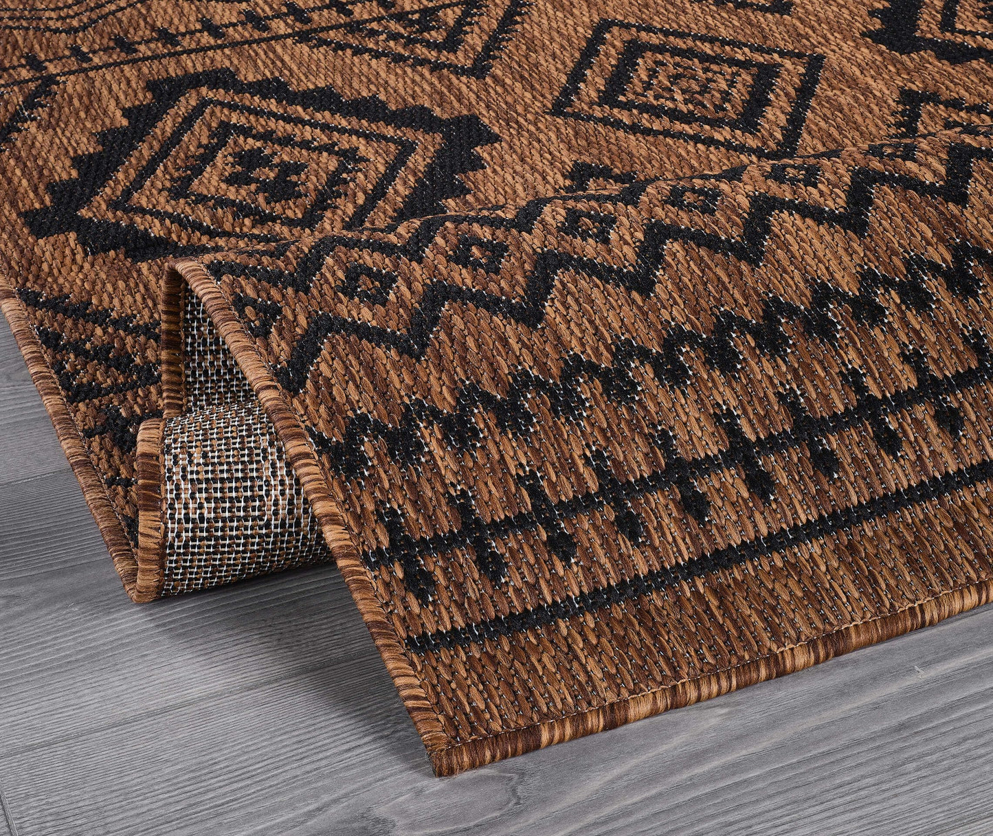 Beverly Rug Waikiki Boho Indoor Outdoor Rug 5x7, Washable Outside Carpet for Patio, Deck, Porch, Bohemian Area Rug, Farmhouse Rugs, Aztec Tribal Rug, Nut Brown and Black