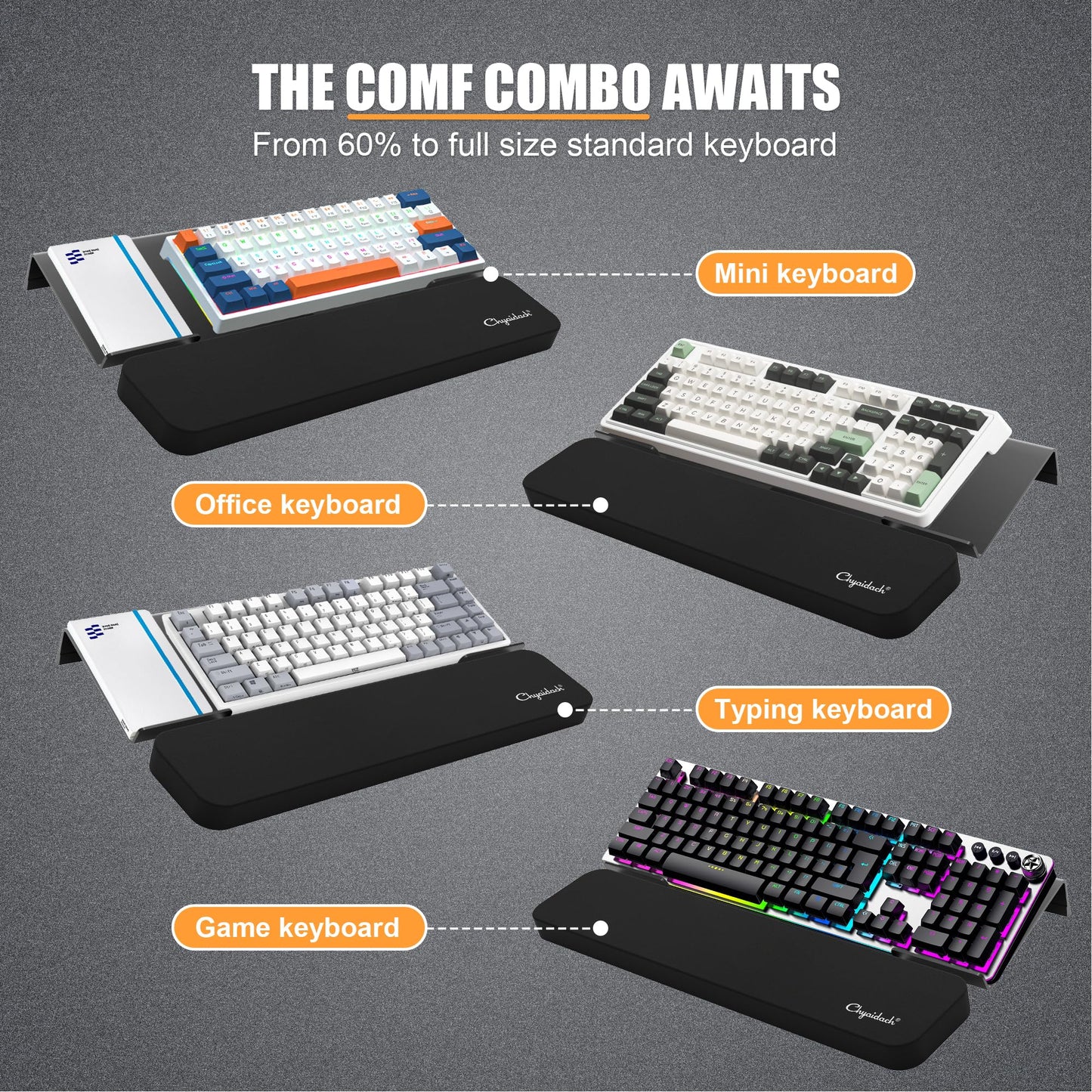 Chyaidach Computer Keyboard Stand and Wrist Rest - Easy Comfortable Ergonomic Typing - Acrylic PC Keyboard Holder with Wrist Support - Fits All Size Keyboards - 16.9'' Wide (Matte Black)