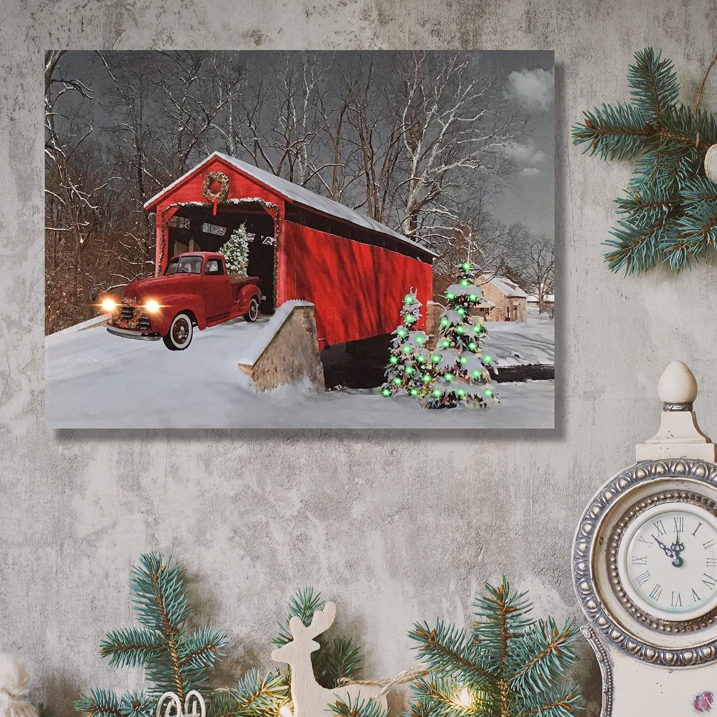 BANBERRY DESIGNS LED Wall Art - Lighted Red Truck Covered Bridge Canvas Print - Christmas Picture with LED and Fiber Optic Lights - Winter Scene Wall Art - Measures 11.75" X 15.75"