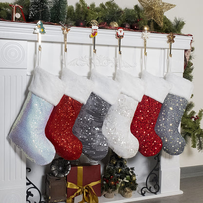 BHD BEAUTY Christmas Stockings 6 Pack for Family 20 inches Red/White/Grey Sequin Sparkle Glitter with Large Plush Cuff Classic Fireplace Tree Decorations Hanging Ornament for Xmas Season Party Decor