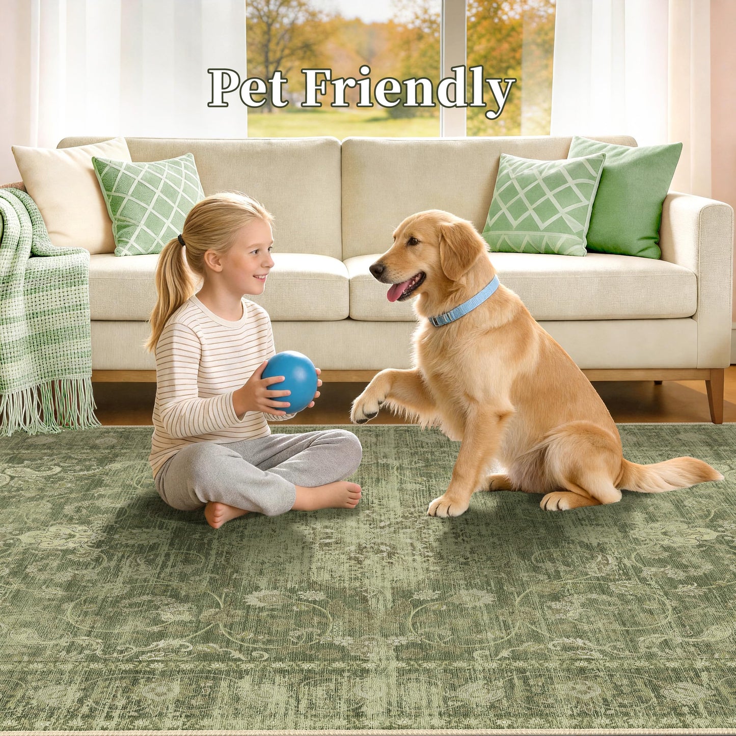 TTelephant Washable Rugs 5x7, Vintage Medallion Carpet for Bedroom, Living Room and Dining Room, Low Pile Sage Green Rug with Non-Slip Silicone Backing, Non-Shedding Stain Resistant