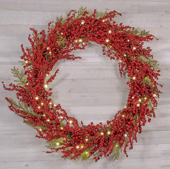Red Co. 36” Light-Up Christmas Wreath with Red Cranberries, Battery-Operated LED Lights with Timer