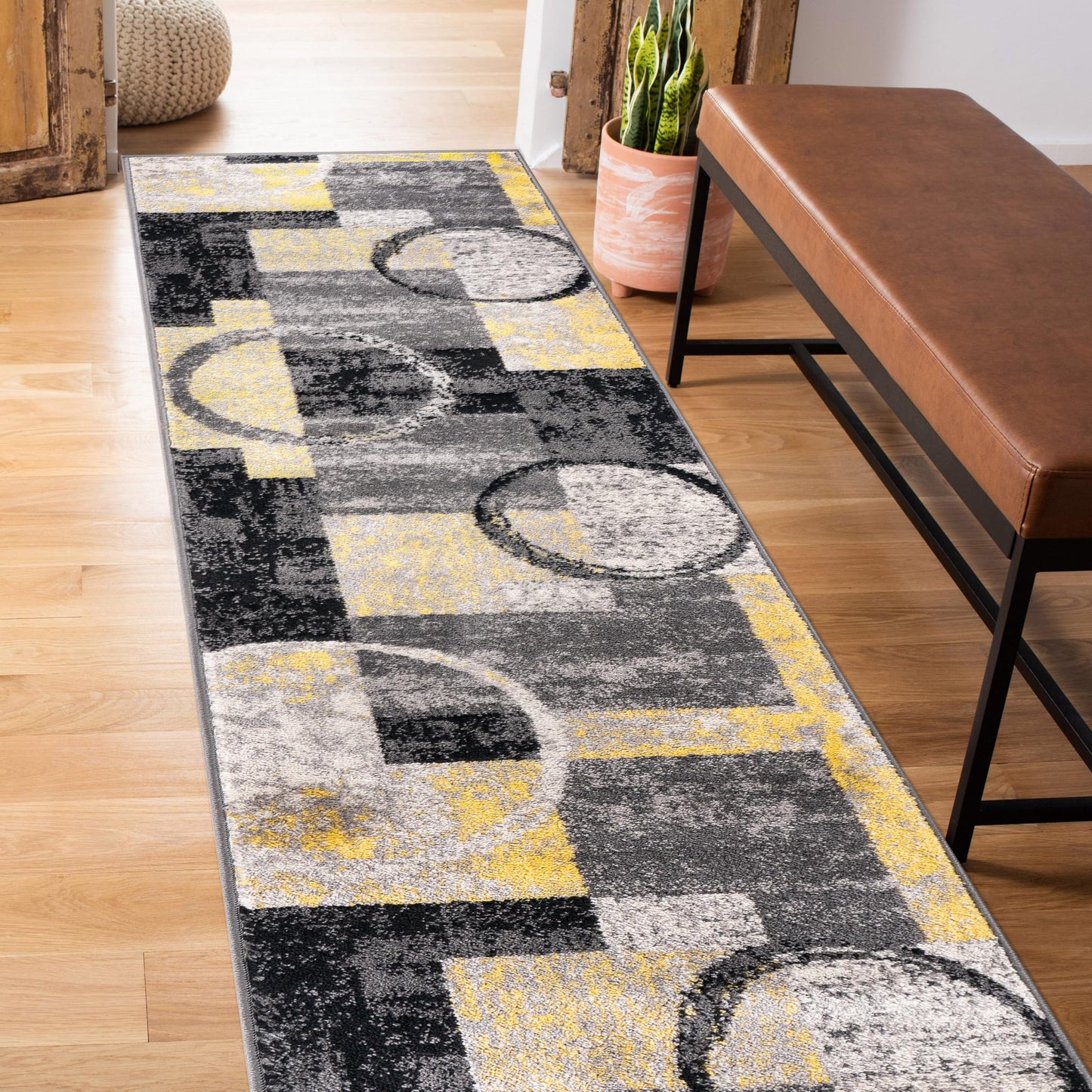 Rugshop Contemporary Circle Design Runner Rug, Non-Shedding Carpet for Hallway, Kitchen, or Entryway, Yellow, 2' x 7'2"