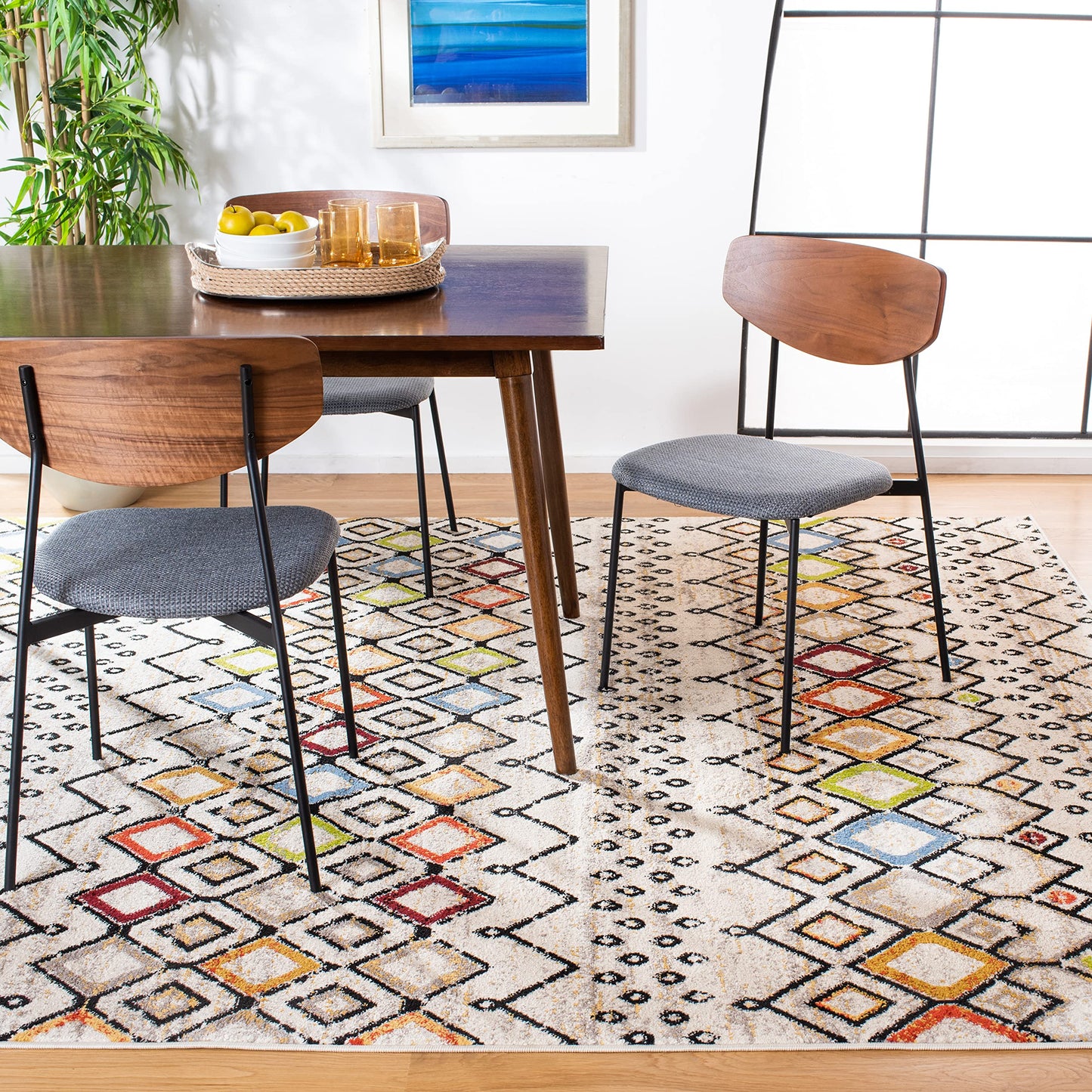 SAFAVIEH Amsterdam Collection Area Rug - 6'7" x 9'2", Ivory & Multi, Moroccan Boho Design, Non-Shedding & Easy Care, Ideal for High Traffic Areas in Living Room, Bedroom (AMS108K)