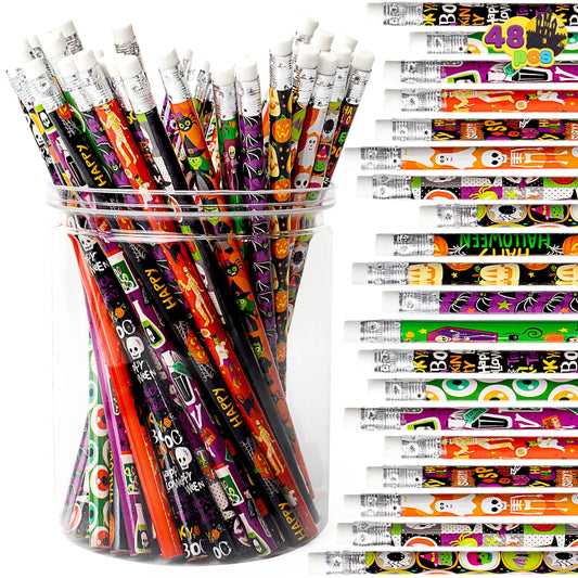 JOYIN 48PCS Halloween Pencils Bulk with Eraser, Colorful Fall Pencil Assortment, 12 Design Halloween Themed Stationery Set for Kid Girl Boy Trick or Treating Party Favor Supplies, Classroom Gift Prize