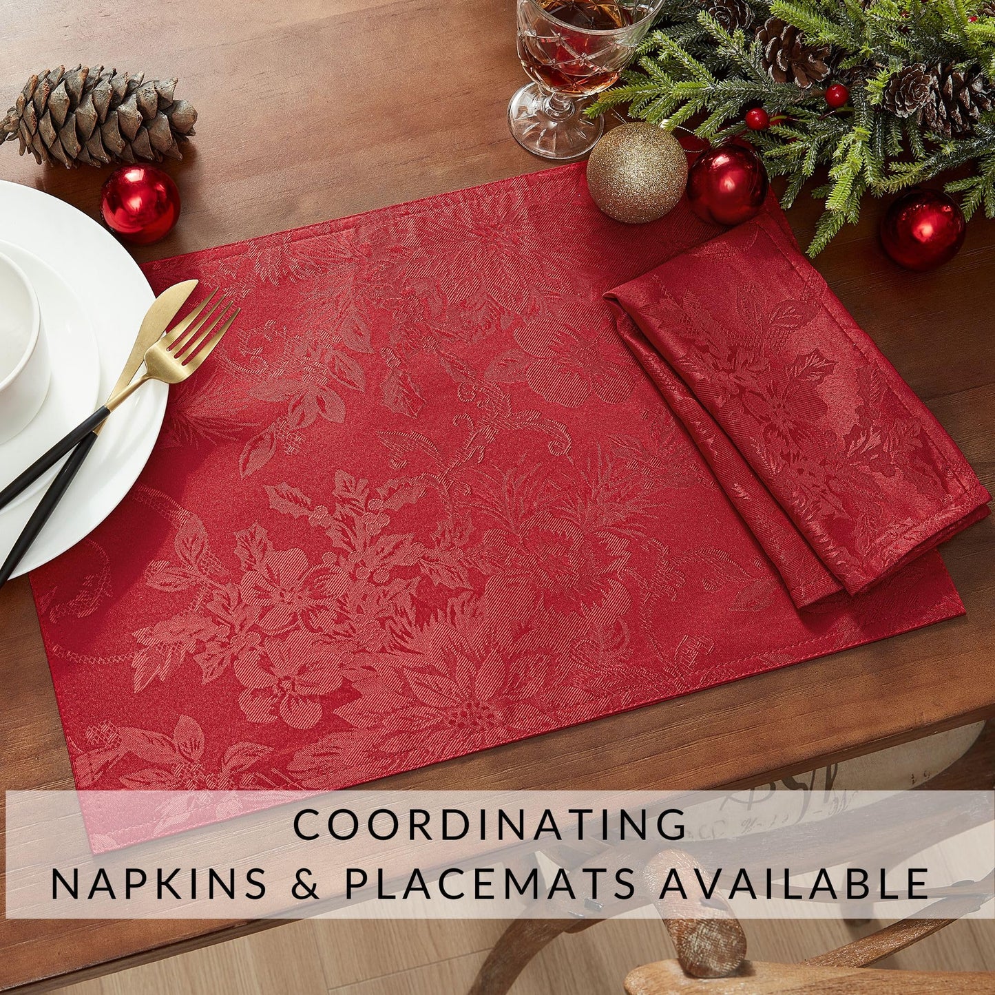 Elrene Home Fashions Poinsettia Elegance Jacquard Christmas/Holiday Wrinkle Resistant Dining Tablecloth, 90"X90" Round, Red
