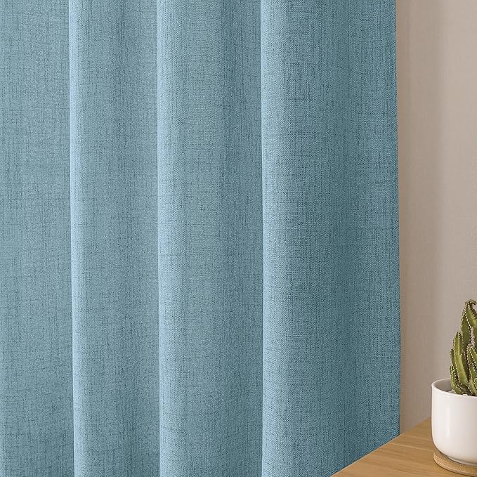 Tollpiz Short Linen Curtains Living Room Rod Pocket Semi Sheer Curtain Burlap Light Filtering Thick Linen Drapes for Bedroom, 54 x 54 inches Long, Dusty Blue, Set of 2 Panels
