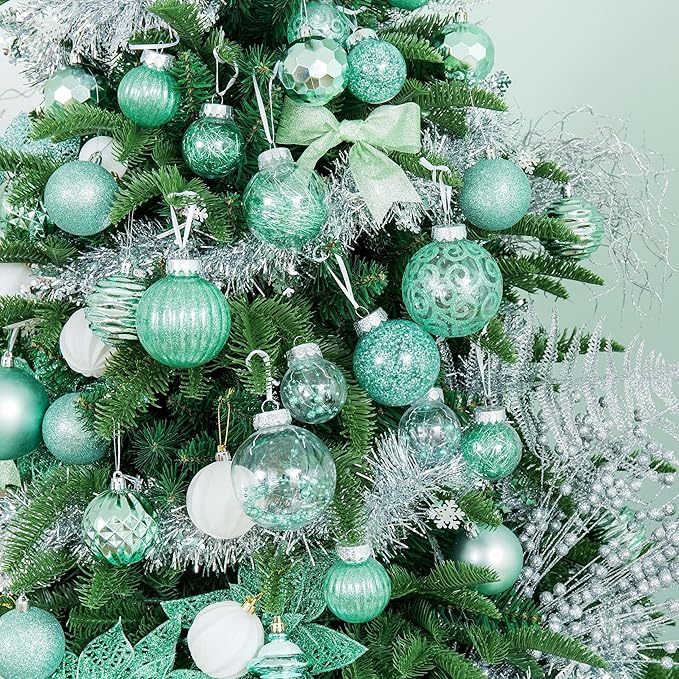 XmasExp 32ct Christmas Ball Ornaments Set -Mint Green Clear Plastic Shatterproof Xmas Tree Ball Decorations Hanging Baubles for Holiday Decor
