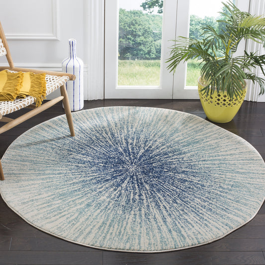 SAFAVIEH Evoke Collection Area Rug - 6'7" Round, Royal & Ivory, Abstract Burst Design, Non-Shedding & Easy Care, Ideal for High Traffic Areas in Living Room, Bedroom (EVK228A)