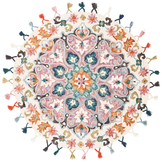 SAFAVIEH Novelty Collection 5' Round Pink / Blue NOV576M Handmade Boho Floral Tassel Wool Area Rug