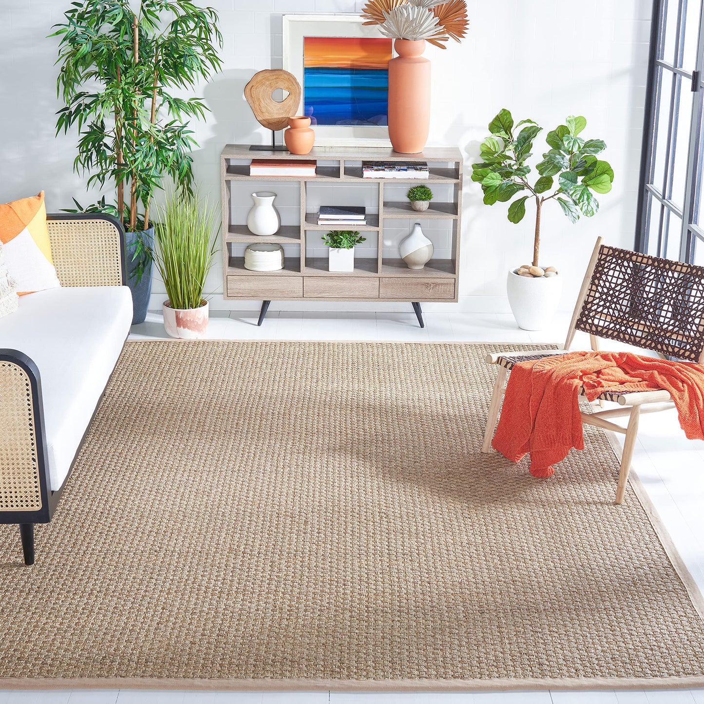 SAFAVIEH Area Rug 7' Square - Natural Fiber Collection - Natural & Beige, Seagrass, Basketweave Pattern with Border (NF114A)