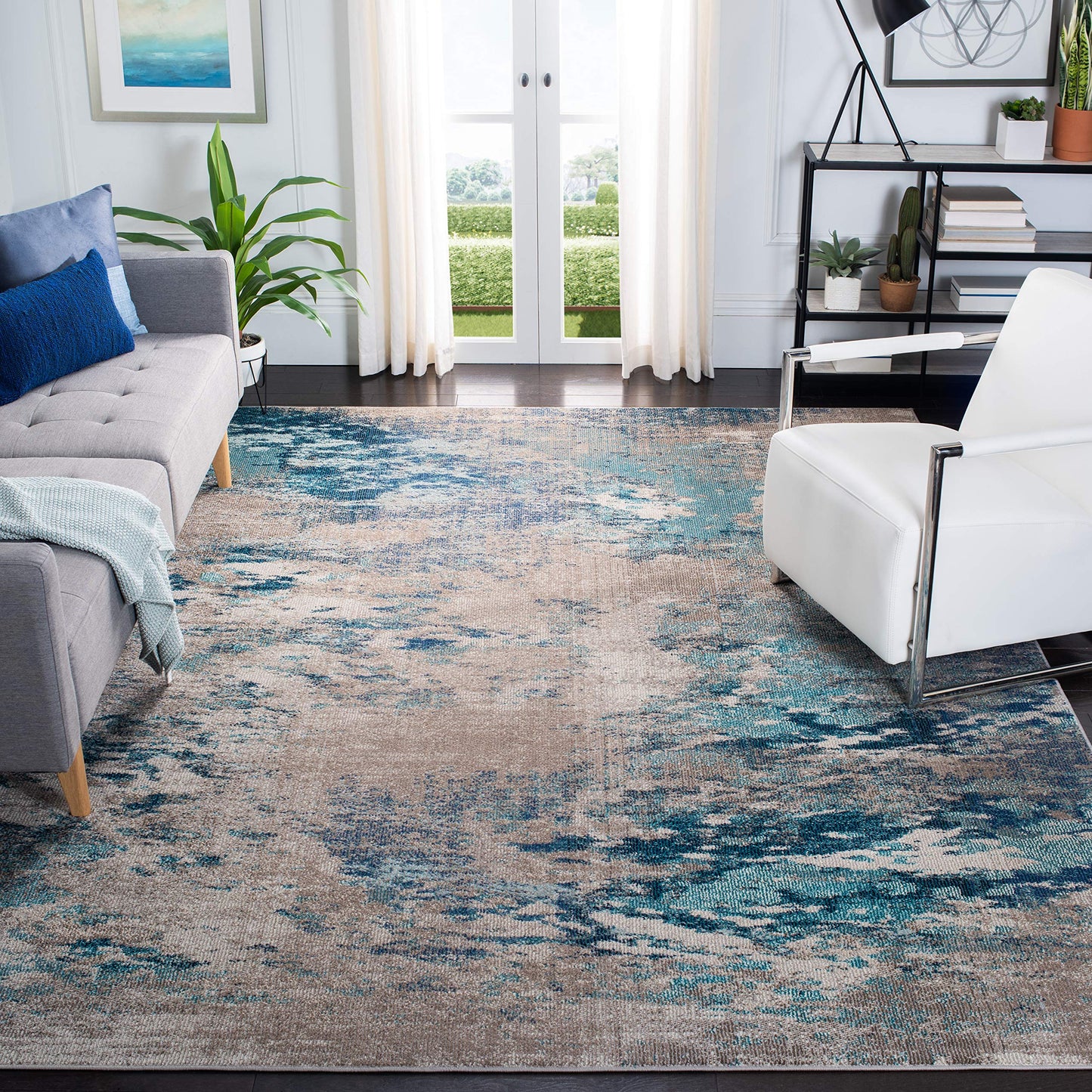 SAFAVIEH Madison Collection Area Rug - 10' x 14', Blue & Grey, Modern Boho Abstract Design, Non-Shedding & Easy Care, Ideal for High Traffic Areas in Living Room, Bedroom (MAD440M)